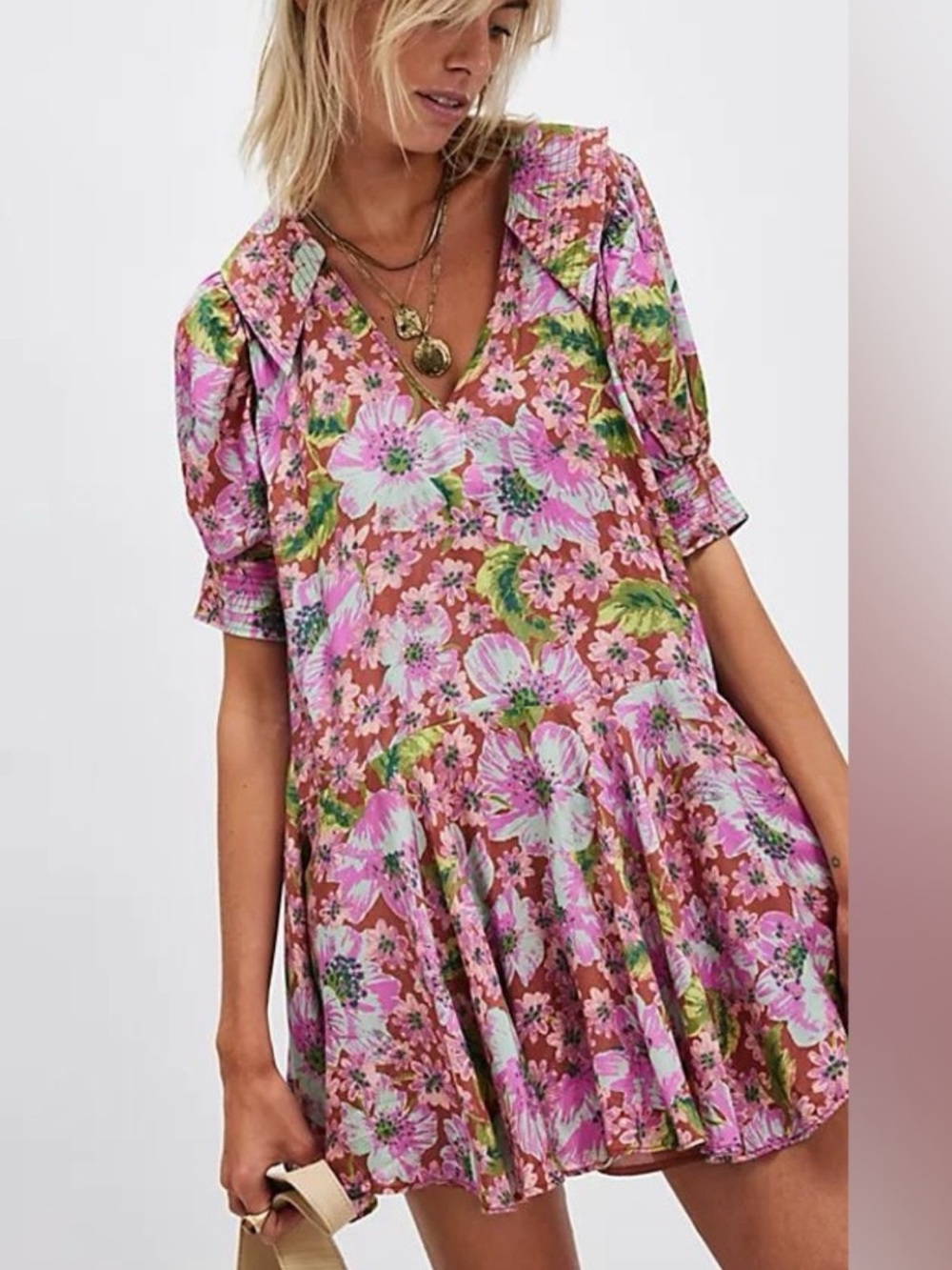Free people moon chaser mini dress size M euc Floral Pink collar Mini Dress